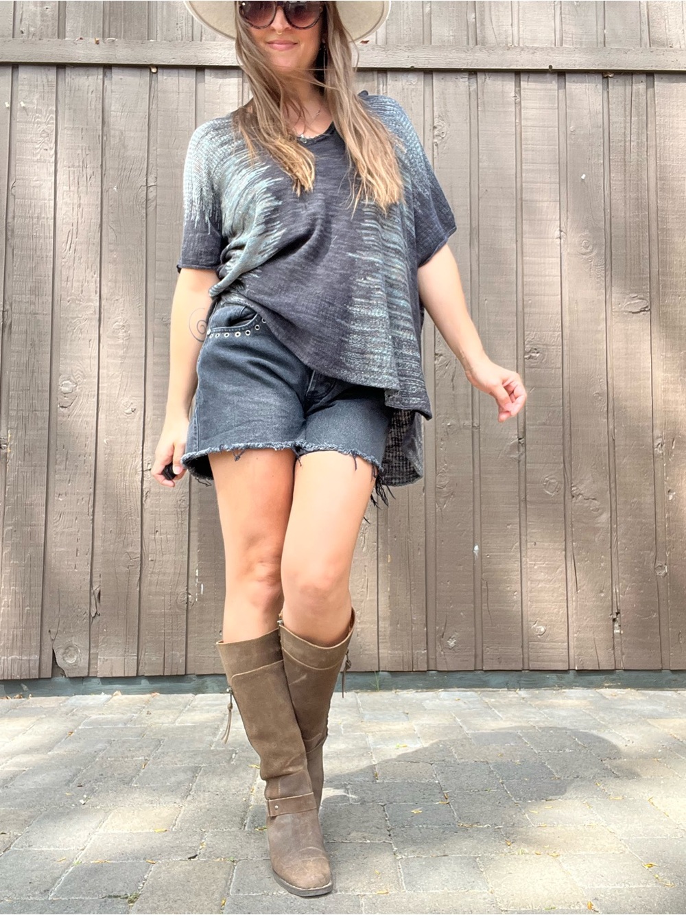 Free People Lightweight Black & Gray Ombre V-Neck Poncho Shirt Medium